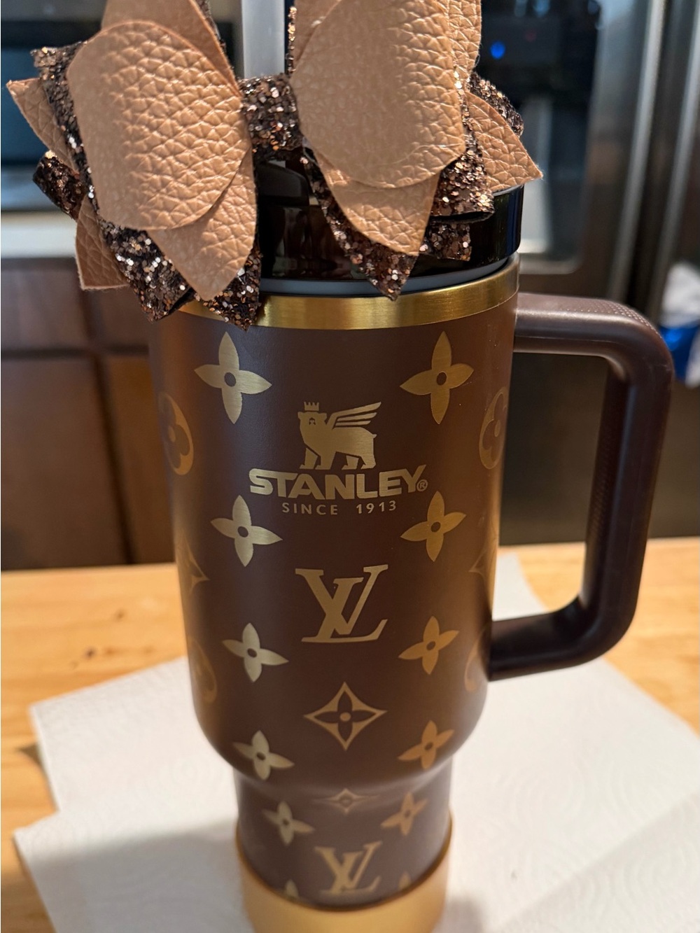 Stanley Brown and Gold Monogram 40 oz Travel Mug with boot and handmade bow